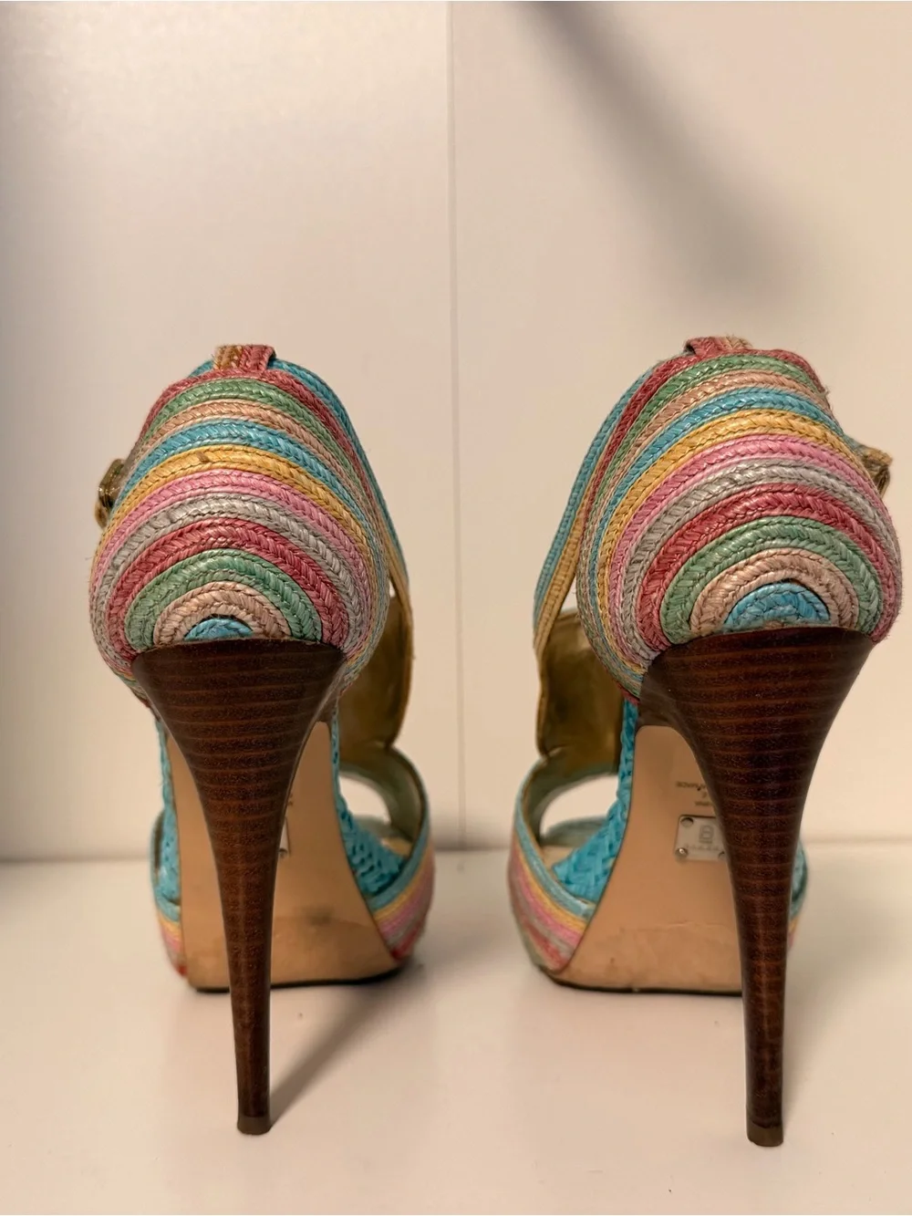 Bakers Rainbow Woven Platform Stiletto Heels Size 8.5 Y2K Colorful Sandals